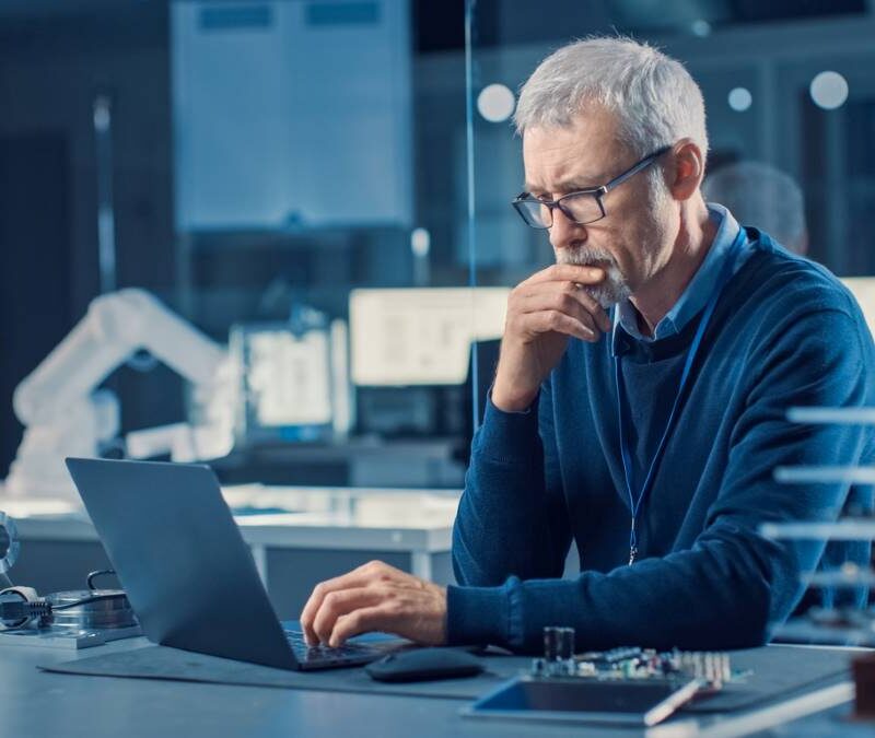 Picture of man in front of laptop in an electronics manufacturing site