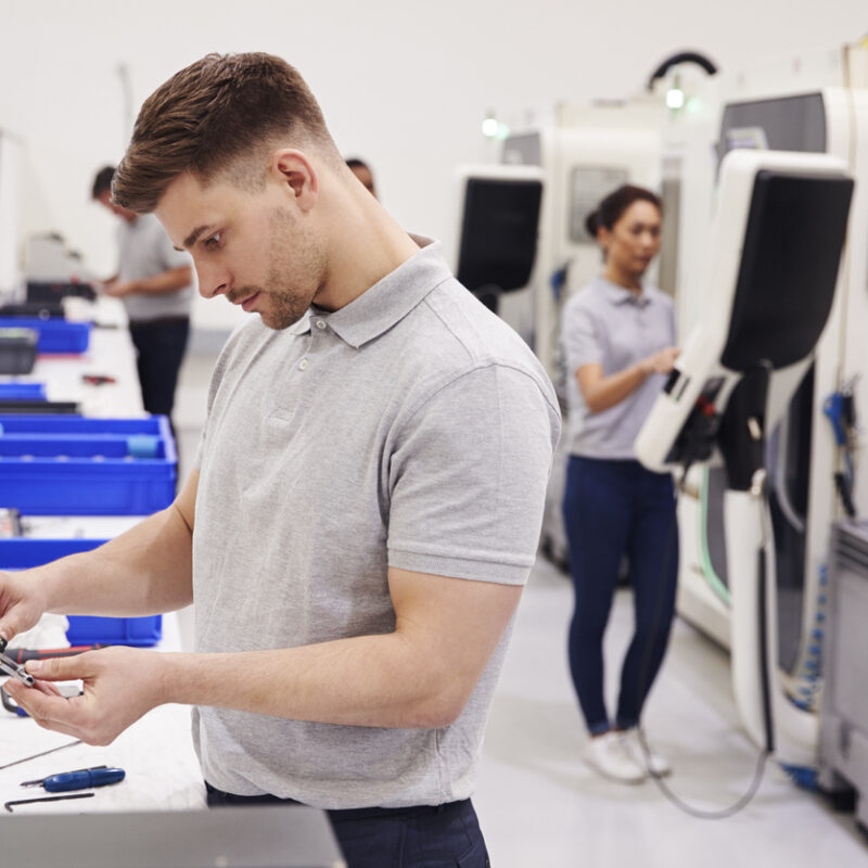 Picture illustrating Manual Testing in Electronics Manufacturing. Picture of Male Engineer Quality Controlling Components In Factory.