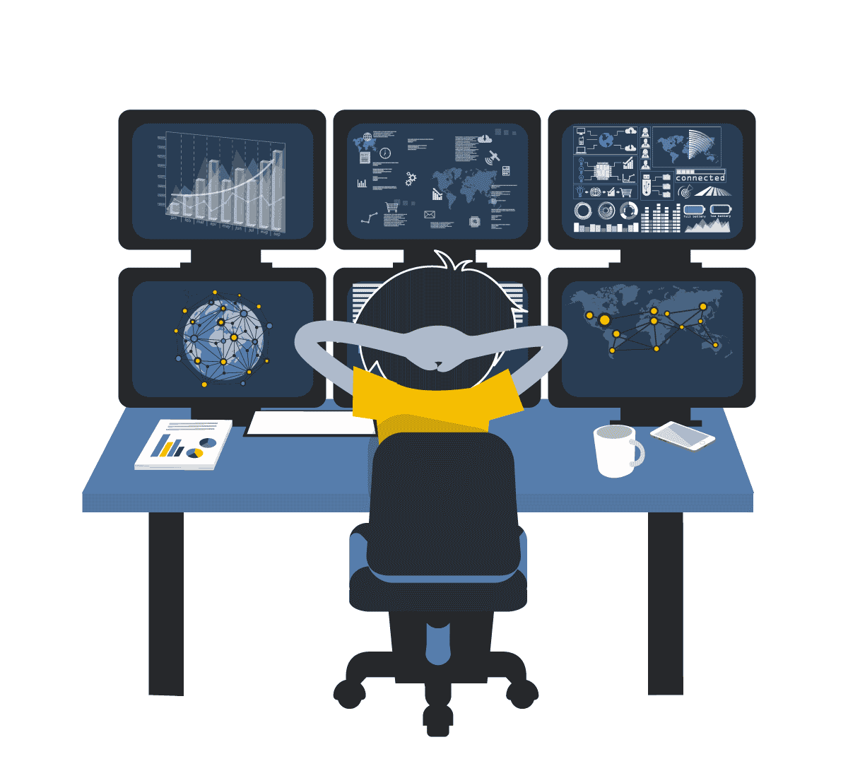 Illustration of man sitting in front of 6 monitors with dashboards. WATS Test Data Management